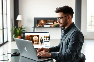 alt_text: A designer in a minimalist studio uses a laptop to customize an AI template for a coffee shop's branded social media graphic.