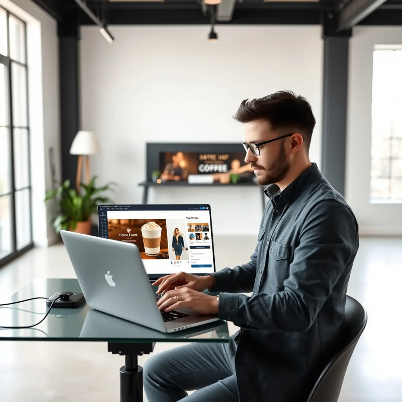 alt_text: A designer in a minimalist studio uses a laptop to customize an AI template for a coffee shop's branded social media graphic.