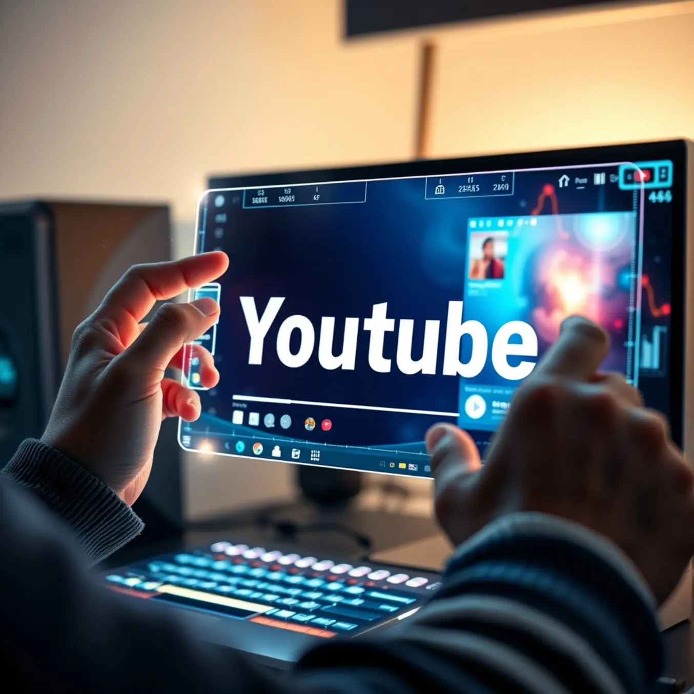 alt_text: A creator's hands use a glowing holographic AI interface to design a vibrant YouTube thumbnail above a high-end computer.