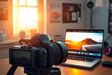 alt_text: A photographer's golden hour workspace, blending high-end gear with AI artistry as Midjourney generates a vibrant new image.