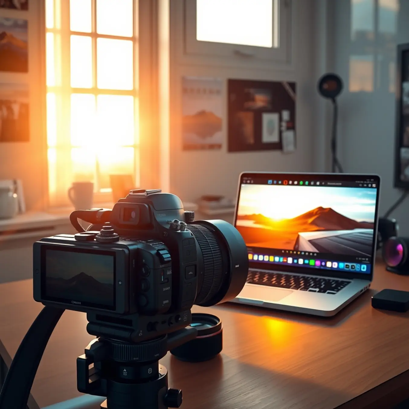 alt_text: A photographer's golden hour workspace, blending high-end gear with AI artistry as Midjourney generates a vibrant new image.