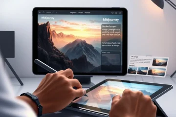 Artist creates a photorealistic landscape digitally, with Midjourney interface visible on a secondary screen in a modern studio.