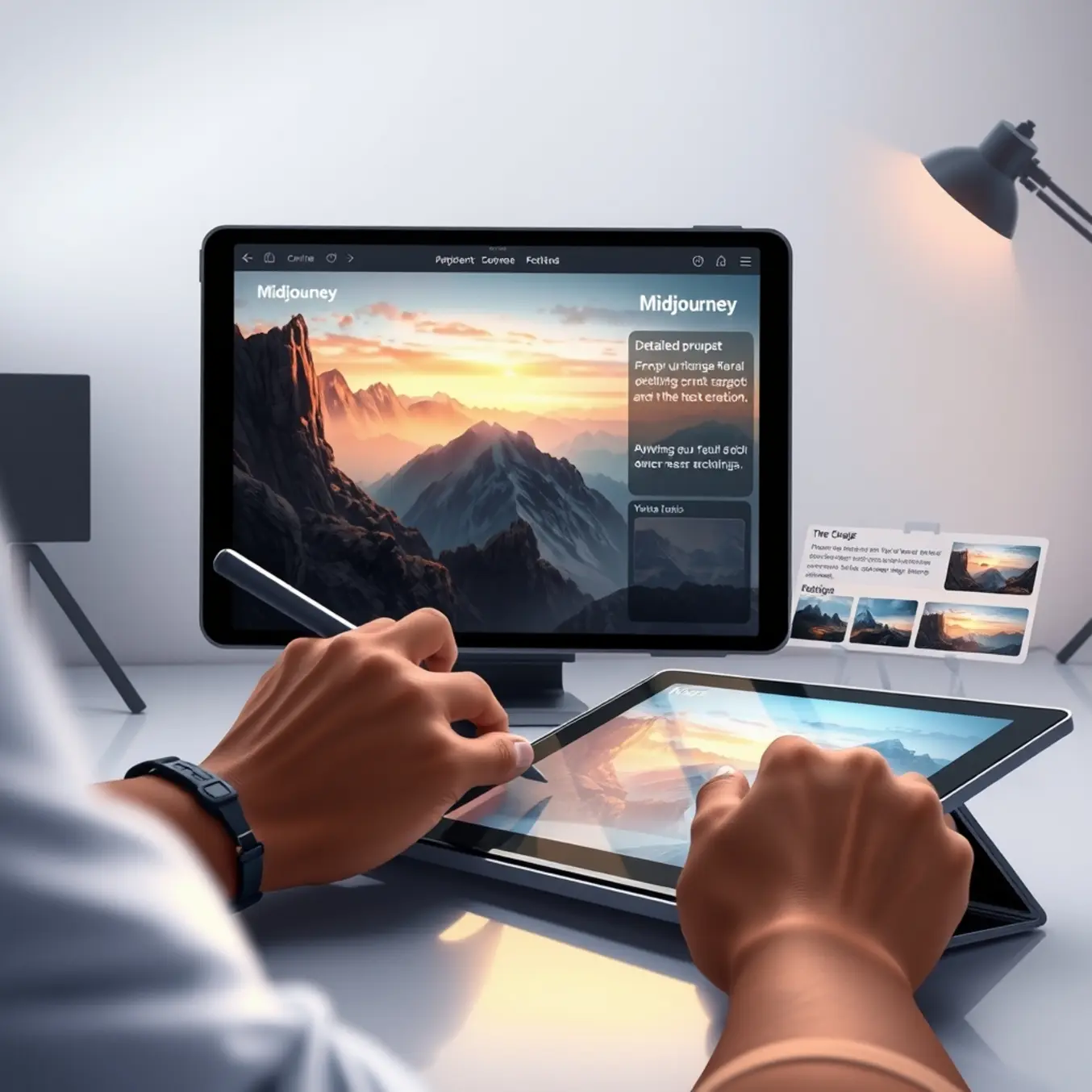 Artist creates a photorealistic landscape digitally, with Midjourney interface visible on a secondary screen in a modern studio.