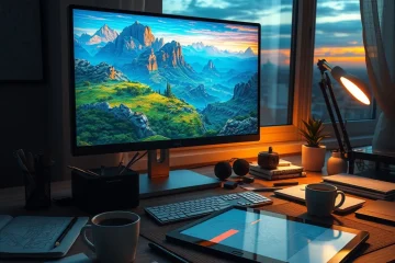 alt_text: A digital artist's workspace at dusk, where a glowing AI-generated landscape on a monitor blends with traditional sketches and golden hour light.