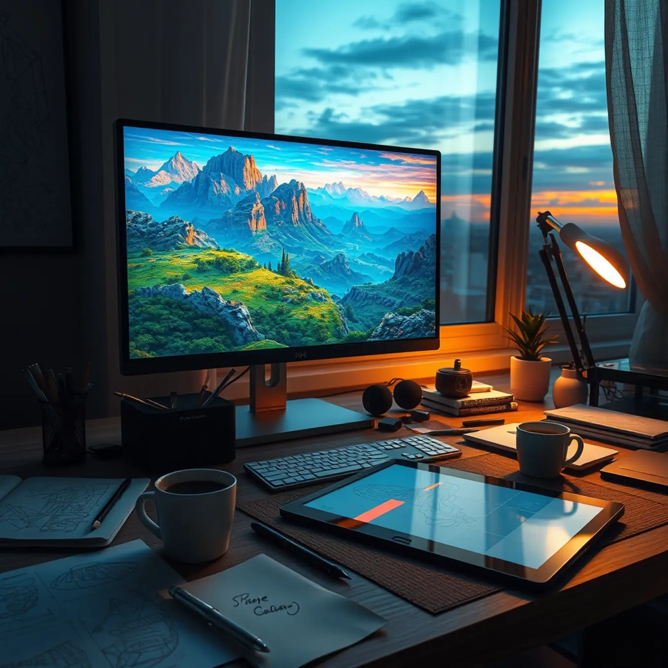 alt_text: A digital artist's workspace at dusk, where a glowing AI-generated landscape on a monitor blends with traditional sketches and golden hour light.