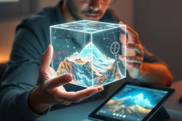 alt_text: An artist holds a glowing holographic cube containing a tiny evolving landscape, with a Midjourney interface glowing on a tablet nearby.