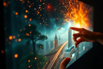 alt_text: A designer’s hand guides luminous data streams, materializing a misty forest and futuristic city on a glowing digital canvas.