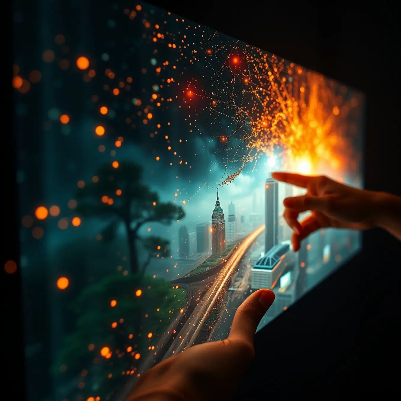 alt_text: A designer’s hand guides luminous data streams, materializing a misty forest and futuristic city on a glowing digital canvas.