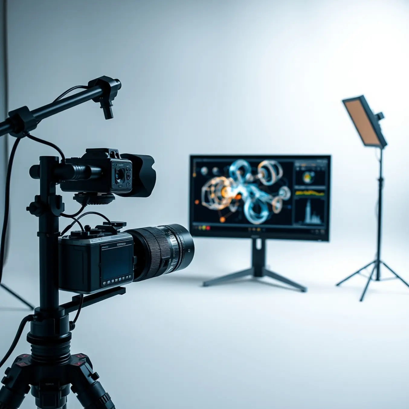 alt_text: A professional studio with a camera and a glowing monitor displaying intricate AI art, lit with soft, precise lighting.