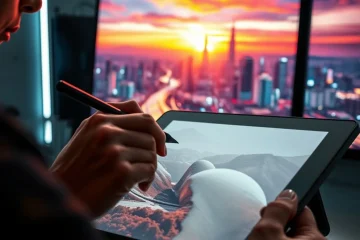 alt_text: A digital artist creates a photorealistic futuristic cityscape at sunset on a glowing tablet in a modern studio.