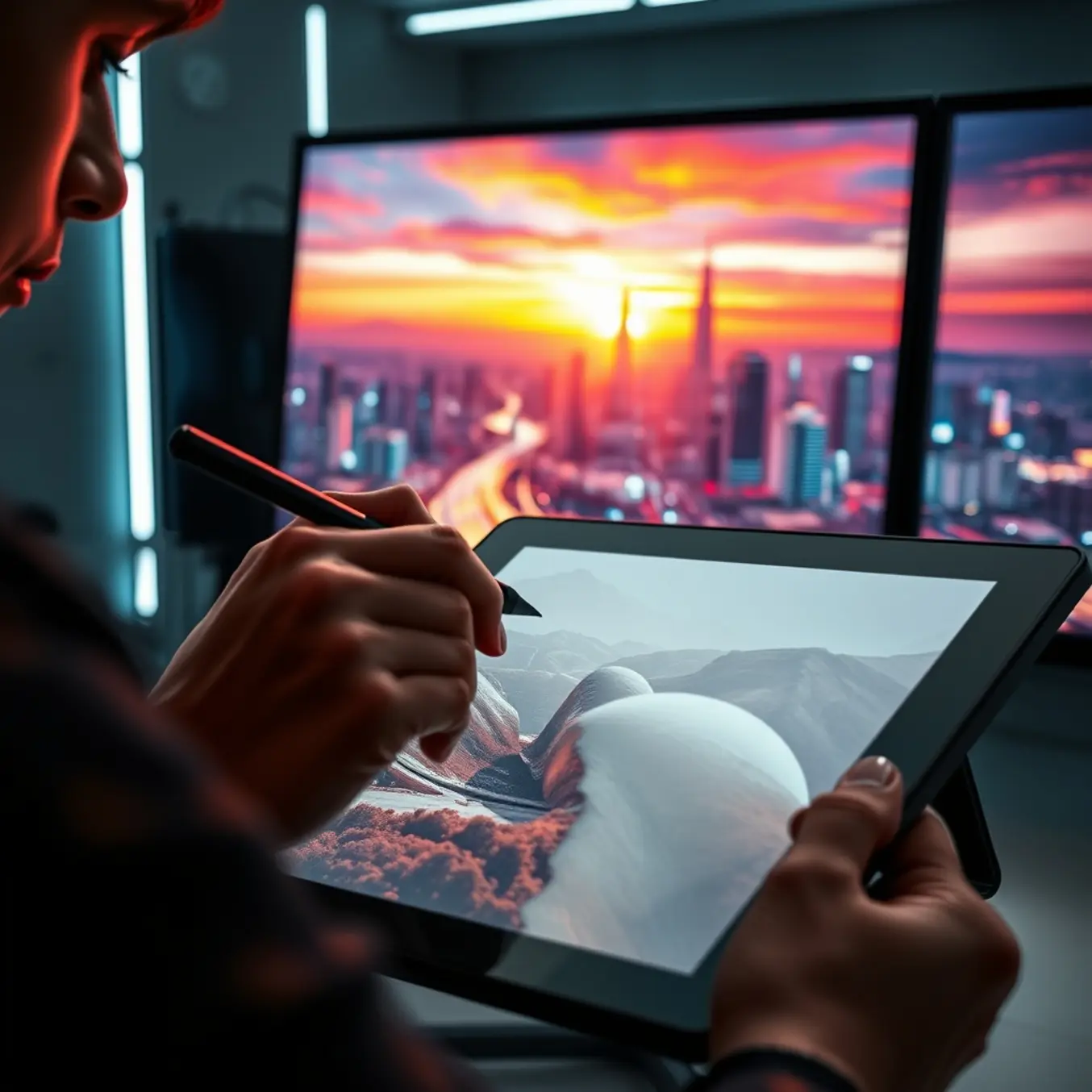 alt_text: A digital artist creates a photorealistic futuristic cityscape at sunset on a glowing tablet in a modern studio.