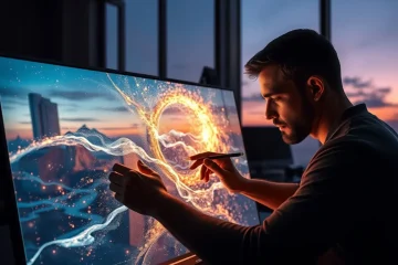 alt_text: An artist sculpts a luminous holographic landscape with focused hands in a sleek, modern studio at dusk.