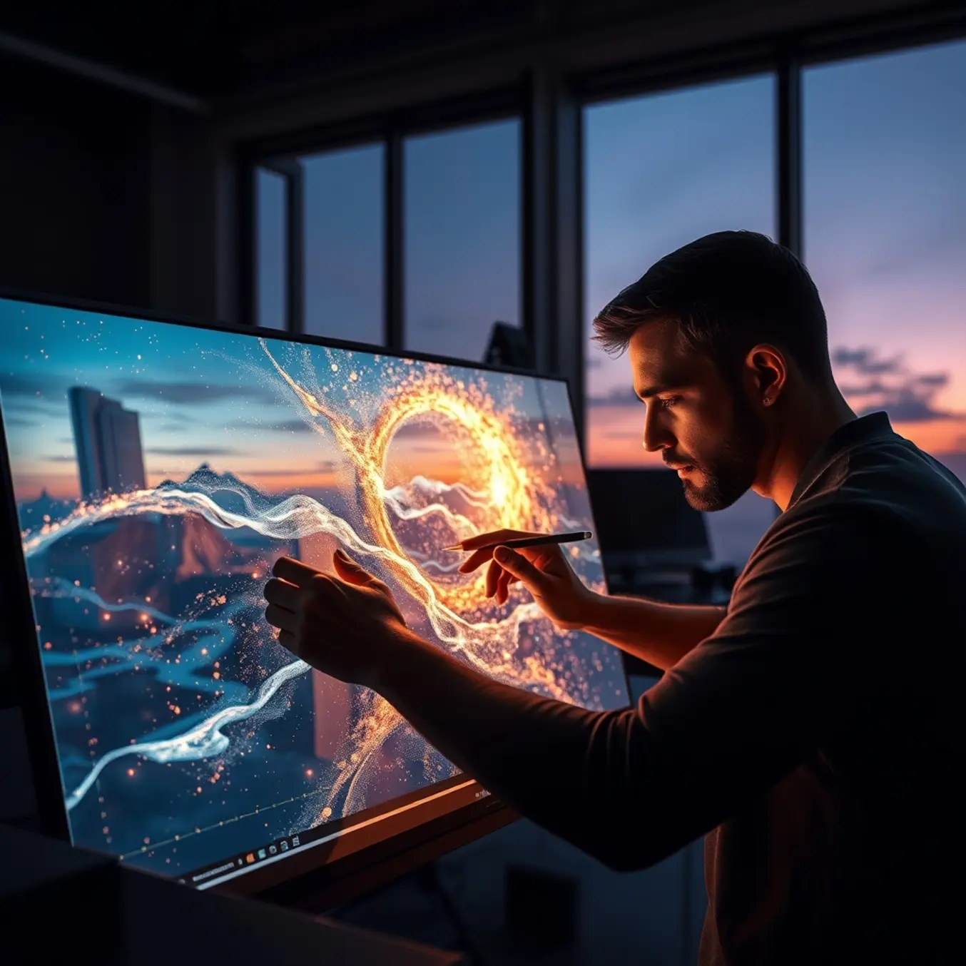 alt_text: An artist sculpts a luminous holographic landscape with focused hands in a sleek, modern studio at dusk.