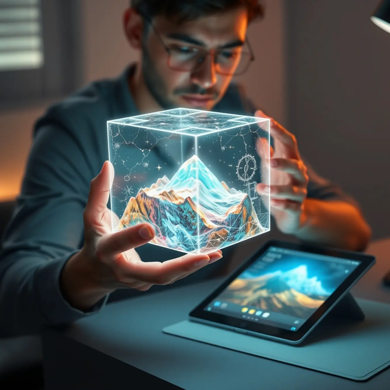 alt_text: An artist holds a glowing holographic cube containing a tiny evolving landscape, with a Midjourney interface glowing on a tablet nearby.