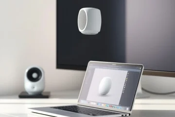 alt_text: A modern workspace with a laptop showing 3D software and a minimalist white speaker model hovering above it.