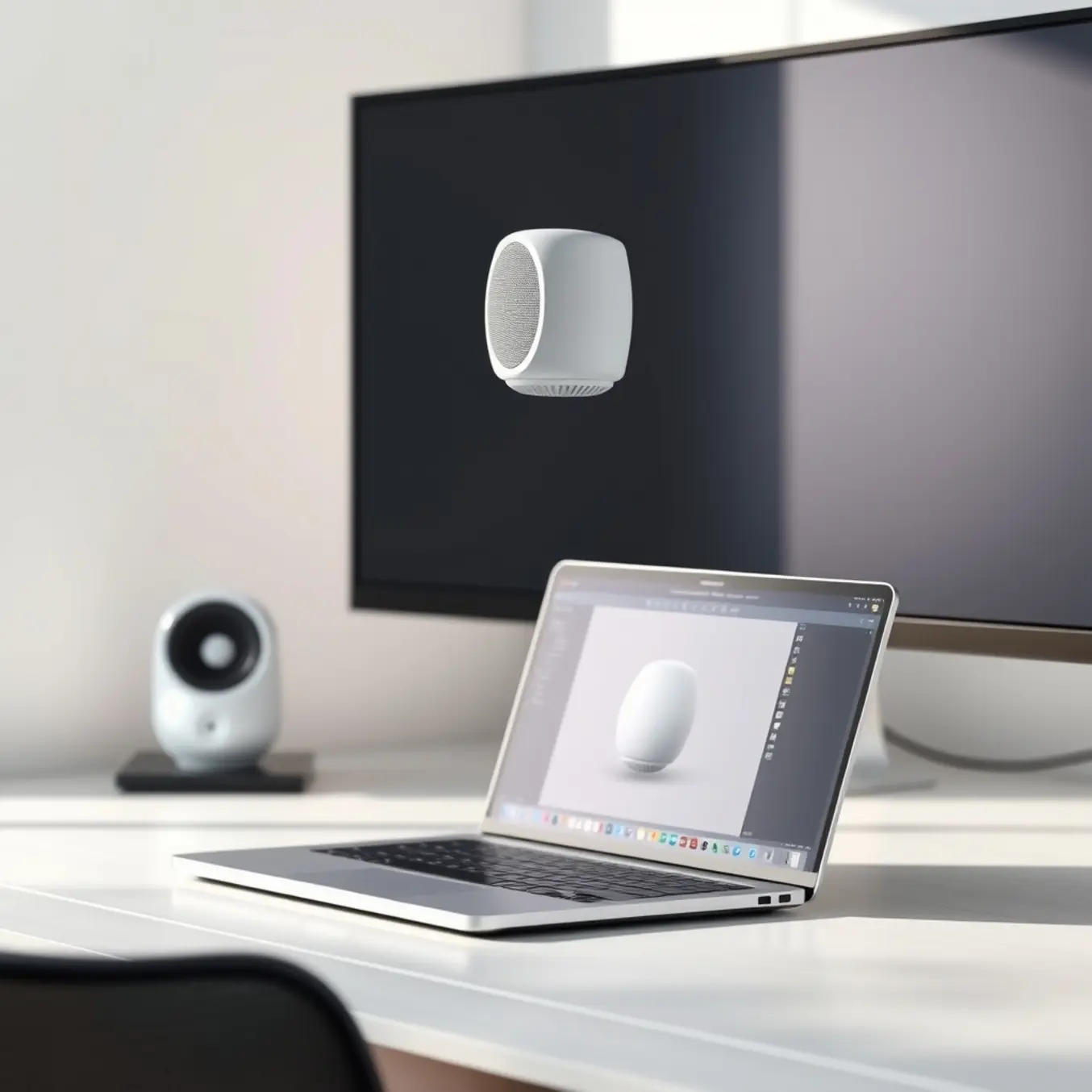 alt_text: A modern workspace with a laptop showing 3D software and a minimalist white speaker model hovering above it.