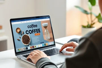alt_text: A designer uses AI software on a laptop to create a vibrant social media post for a coffee brand in a bright home office.