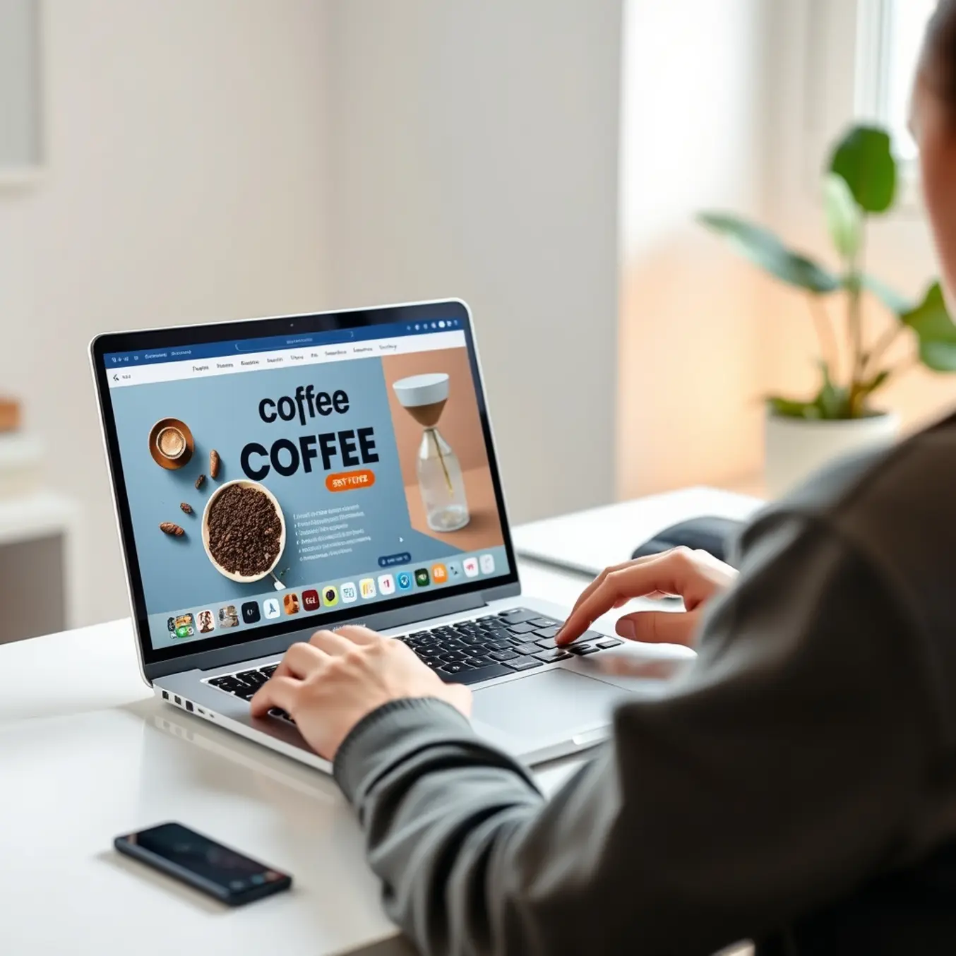 alt_text: A designer uses AI software on a laptop to create a vibrant social media post for a coffee brand in a bright home office.