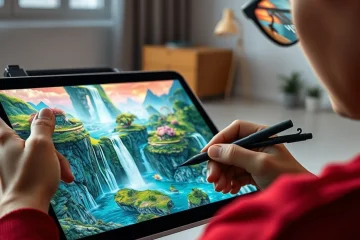 alt_text: A digital artist creates a vibrant fantasy landscape on a tablet, with the glowing screen reflected in their glasses.