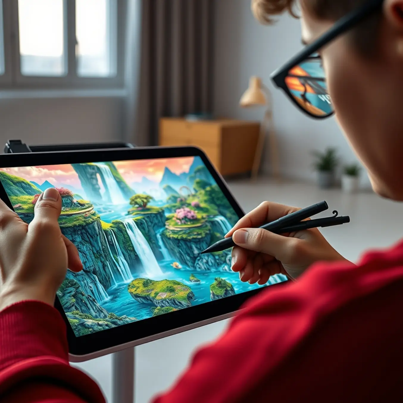 alt_text: A digital artist creates a vibrant fantasy landscape on a tablet, with the glowing screen reflected in their glasses.