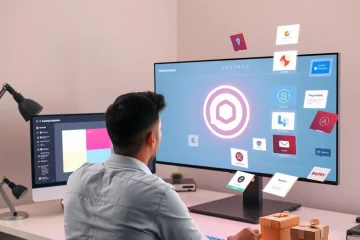 alt_text: A designer uses an AI interface to transform an old logo into a vibrant new brand identity with dynamic 3D mockups.