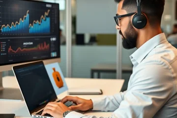 alt_text: A marketer integrates an AI-generated product image into a social media ad, with analytics showing upward trends on a second screen.