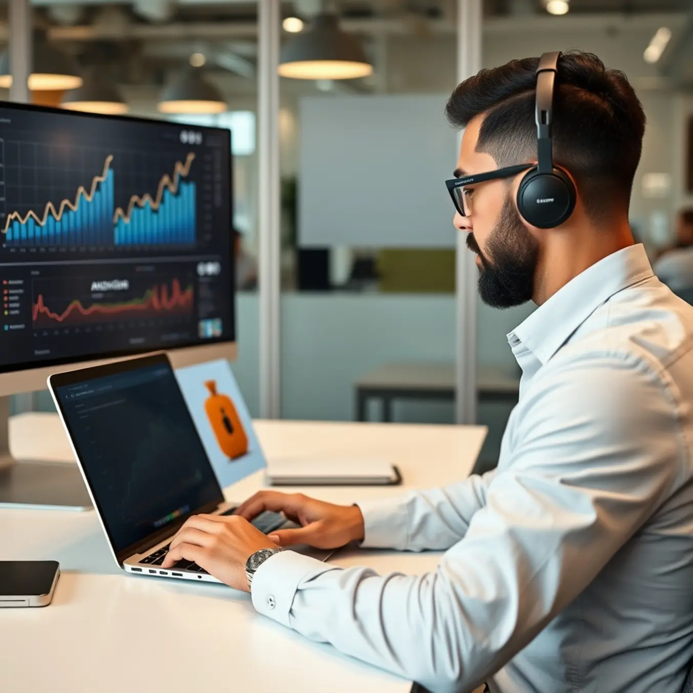 alt_text: A marketer integrates an AI-generated product image into a social media ad, with analytics showing upward trends on a second screen.