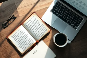 alt_text: A top-down view of a rustic desk with an open notebook, laptop, coffee, and glasses bathed in soft morning light.