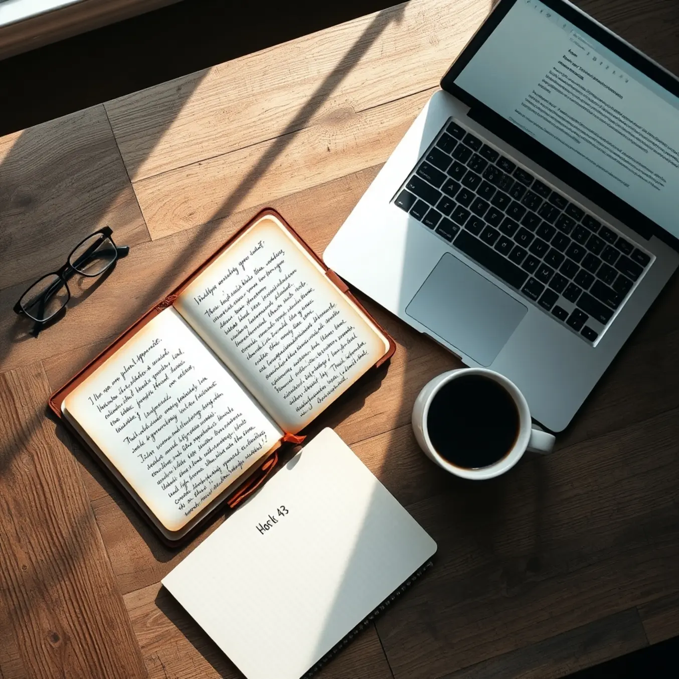 alt_text: A top-down view of a rustic desk with an open notebook, laptop, coffee, and glasses bathed in soft morning light.