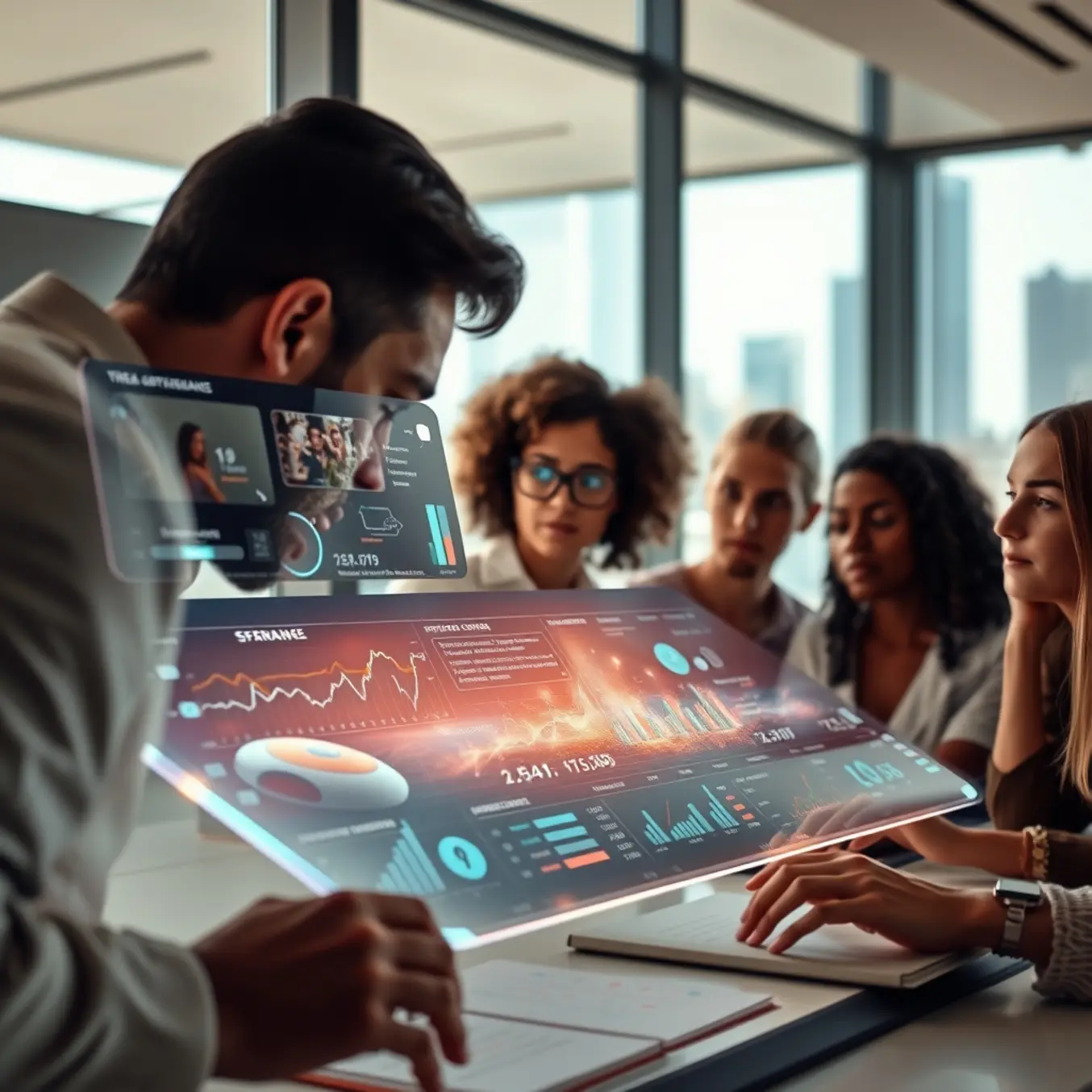 alt_text: A diverse marketing team collaborates in a sunlit office, their eyes reflecting a glowing AI dashboard where ads and data optimize in real-time.