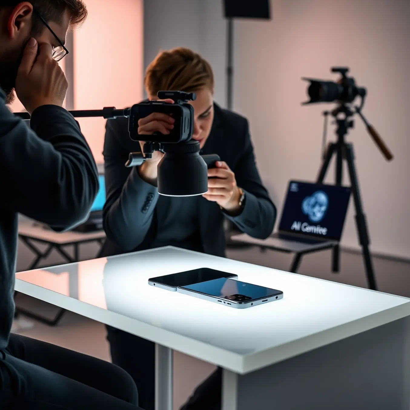 alt_text: A professional photographer adjusts lighting on a smartphone in a modern studio, with a laptop and camera in the background.